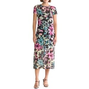 STEVE MADDEN Floral Mesh Overlay Midi Dress